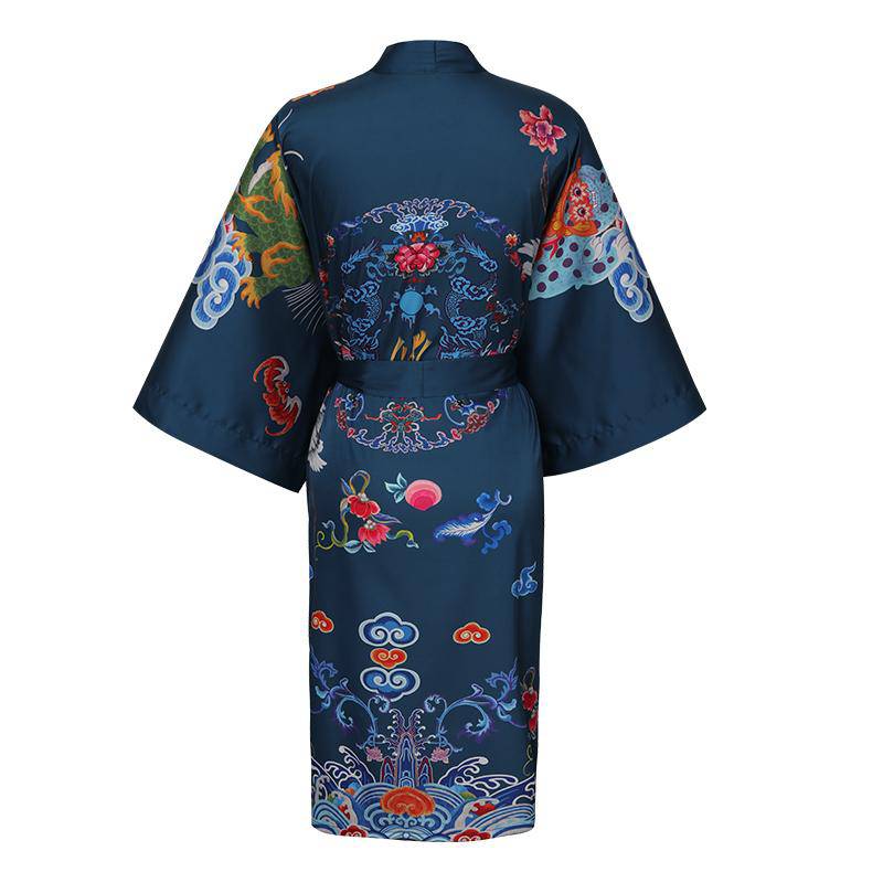 Short Crane And Dragon Print Pure Silk Kimono Robes