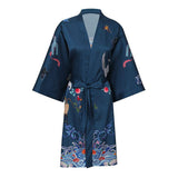 Short Crane And Dragon Print Pure Silk Kimono Robes