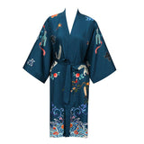 Short Crane And Dragon Print Pure Silk Kimono Robes