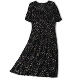 100% Silk Black Floral Print Dress Ladies Summer Chic Silk Dresses
