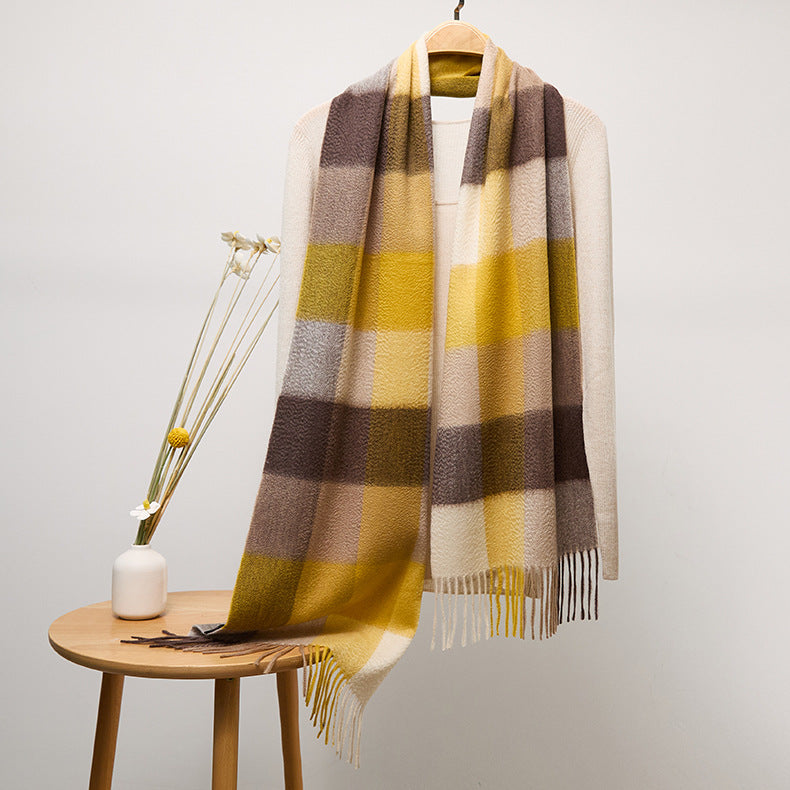 Long Plaid Cashmere Scarf With Tassel Winter Warps With Fringe Style 3 L