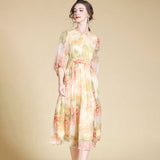 Womens Elegant Floral Silk Midi Dress with Sheer Sleeves Long Silk Dresses