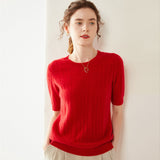 Womens Crew Neck Cashmere Sweater Short Sleeve Textured Cashmere Knit Top