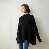Womens Cashmere Poncho Sweater with Sleeves Ribbed Mock Neck Cashmere Cloak