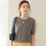 Womens Crew Neck Cashmere Sweater Short Sleeve Textured Cashmere Knit Top
