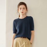 Womens Crew Neck Cashmere Sweater Short Sleeve Textured Cashmere Knit Top