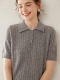 Womens Polo Neck Cashmere Sweater Short Sleeve Cable Knit Cashmere Top