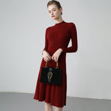 Womens Ribbed Cashmere Midi Dress Mock Neck Cashmere Sweater Dress Fitted Cashmere Dress