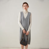Womens Cashmere Vest Dress V Neck Cable Knit Sleeveless Cashmere Midi Dress