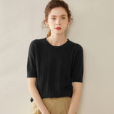 Womens Crew Neck Cashmere Sweater Short Sleeve Textured Cashmere Knit Top