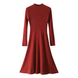 Womens Ribbed Cashmere Midi Dress Mock Neck Cashmere Sweater Dress Fitted Cashmere Dress