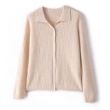 Womens Pure Cashmere Cardigan Cable Knit Button Front Polo Neck Cashmere Sweater
