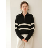 Womens Striped Cashmere Sweater Polo Collar Half-Zip Cashmere Pullover