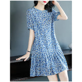 Womens Blue Floral Print Silk Mini Dress Ruffle Hem Short Silk Dress