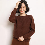 Womens Crew Neck Pure Cashmere Sweater Textured Long Sleeve Cashmere Knit Pullover