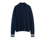 Womens Cable Knit Quarter-Zip Pure Cashmere Sweater Contrast Striped Cashmere Pullover