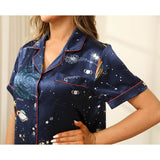 Affordable Printed Silk Pajamas Galaxy Women's Silk Pajama Set Navy Blue XS