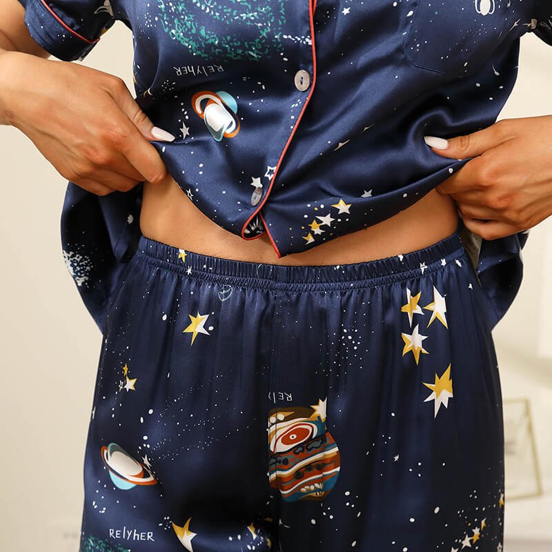 Affordable Printed Silk Pajamas Galaxy Women's Silk Pajama Set Navy Blue XS