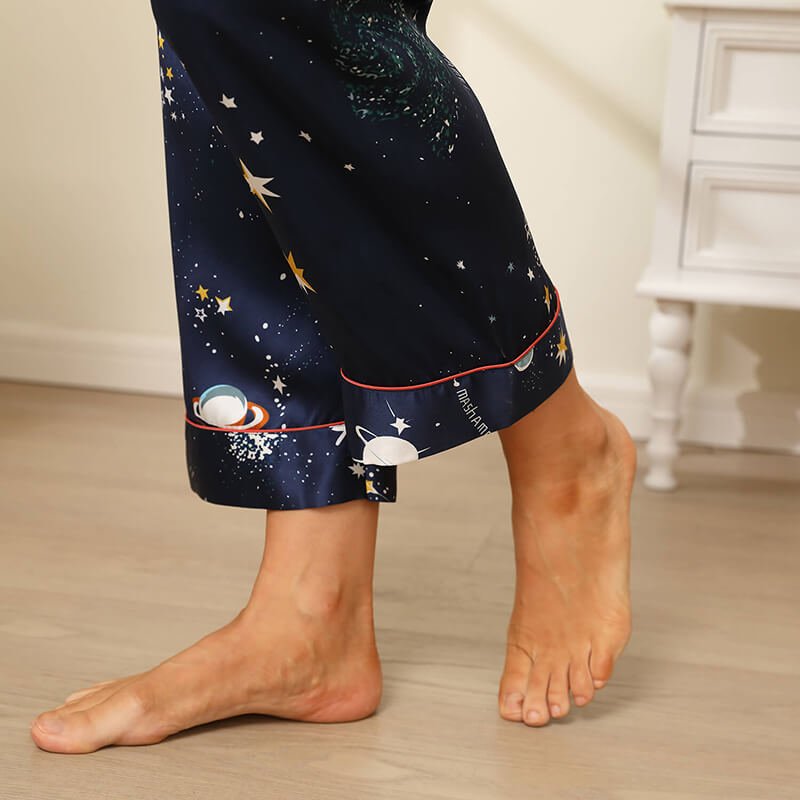 Affordable Printed Silk Pajamas Galaxy Women's Silk Pajama Set Navy Blue XS