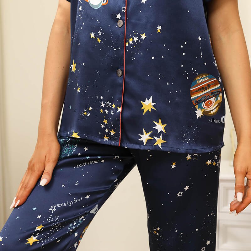 Affordable Printed Silk Pajamas Galaxy Women's Silk Pajama Set Navy Blue XS