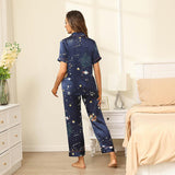 Affordable Printed Silk Pajamas Galaxy Women's Silk Pajama Set Navy Blue XS