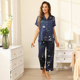 Affordable Printed Silk Pajamas Galaxy Women's Silk Pajama Set Navy Blue XS