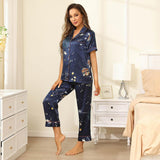 Affordable Printed Silk Pajamas Galaxy Women's Silk Pajama Set Navy Blue XS