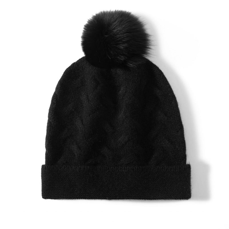 Cable Knit Cashmere Beanie with Pom Textured Cashmere Hat