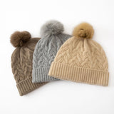 Cable Knit Pure Cashmere Beanie with Fur Pom Cashmere Hat Fluffy Pom