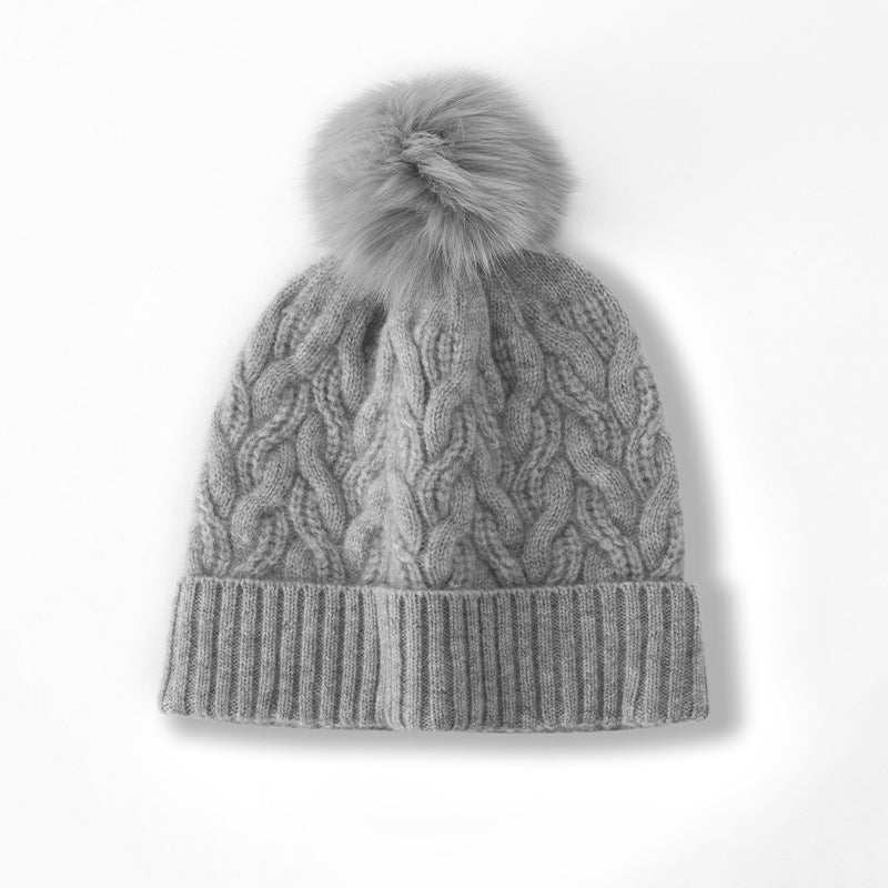 Cable Knit Pure Cashmere Beanie with Fur Pom Cashmere Hat Fluffy Pom