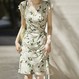 Camellia Womens Silk Floral Dress Mulberry Silk Wrap Dress with Ruffle Sleeves Ivory XS