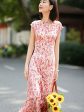 Cap Sleeve Silk Summer Dress Silk Maxi Dress for Women Long Silk Floral Dress Pink XS