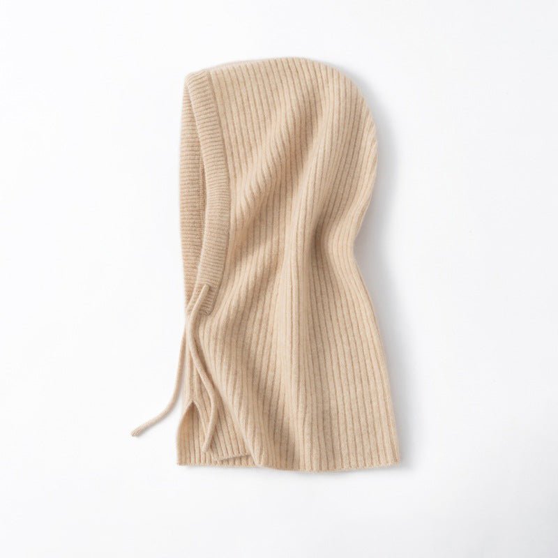 Cashmere Ribbed Knit Hood Adjustable Drawstring Cashmere Balaclava