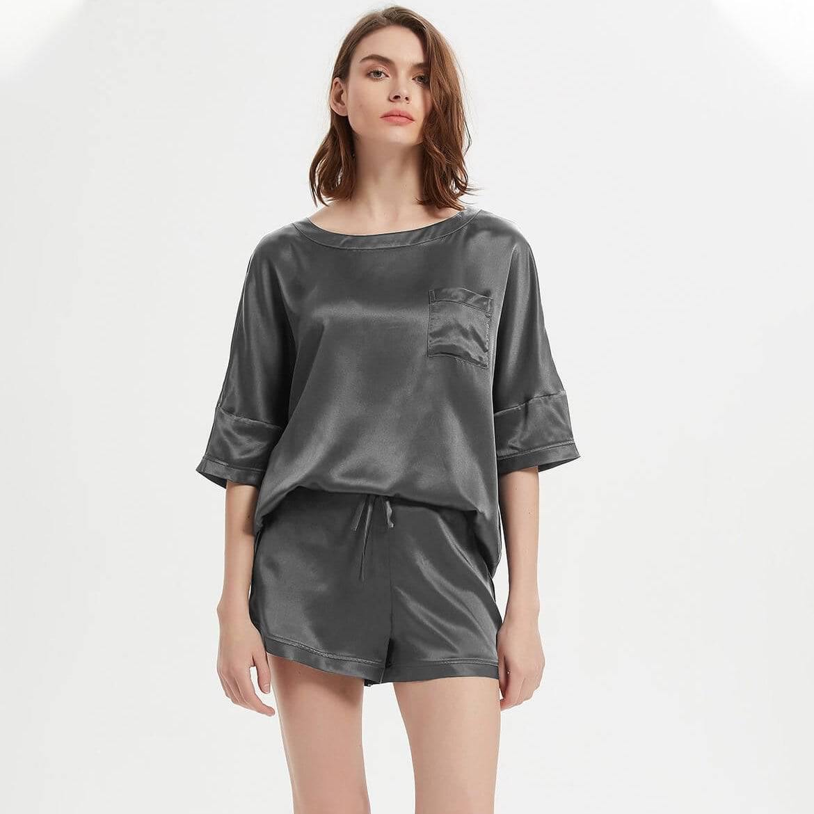 Classic Round Necked Half Sleeves Short Silk Pajamas Set Navy Blue S