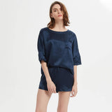 Classic Round Necked Half Sleeves Short Silk Pajamas Set Navy Blue S