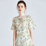 Floral pure silk Dress For womens Short Sleeve Summer Party Silk Dress
