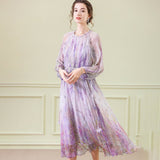 Floral Silk Midi Dress with Sheer Long Sleeves Silk Dresses for Women