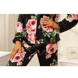 Floral Silk Pajama Set For Women Printed pure Silk nightwear Black XS