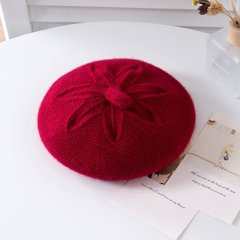 Girls Floral Knit Cashmere Beret Soft Winter Cashmere Hat for Kids