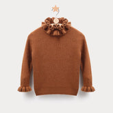 Girls Ruffle Neck Cashmere Sweater Ribbed Knit Pullover Flared Cuffs