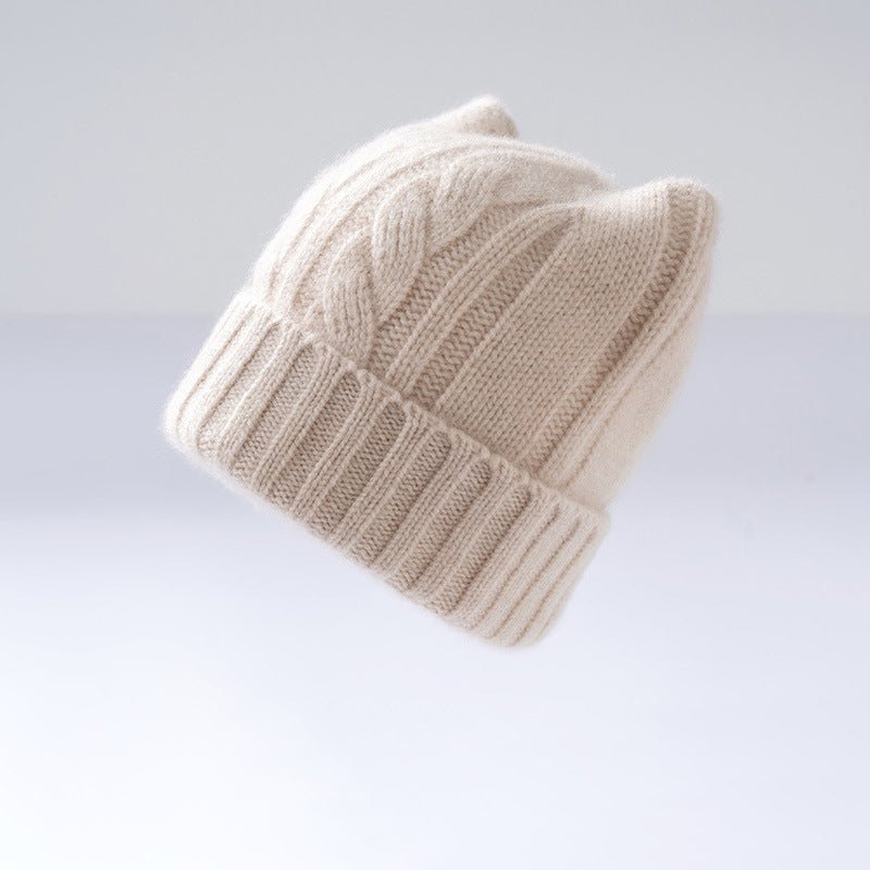 Kids Cable Knit Cashmere Beanie Ribbing Hem Cashmere Hat for Boys and Girls Beige S