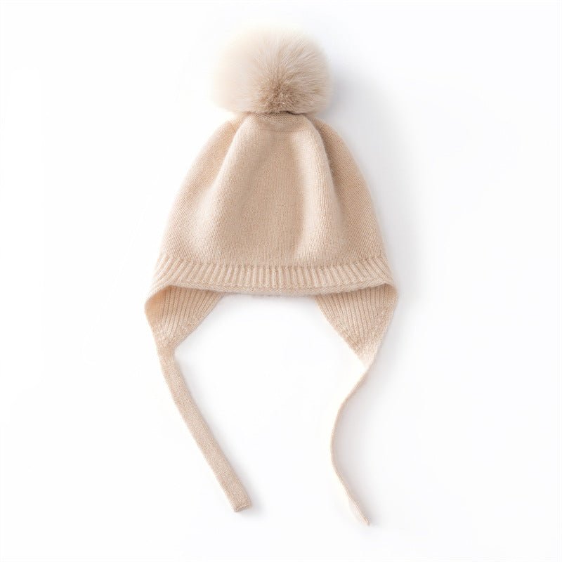 Kids Cashmere Earflap Hat with Pom Tie - String Cashmere Beanie