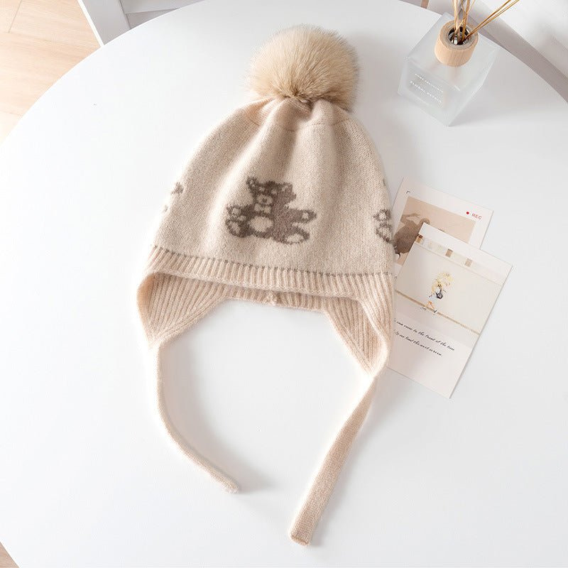Kids Cashmere Knit Earflap Hat With Pom And Teddy Bear Cashmere Beanie