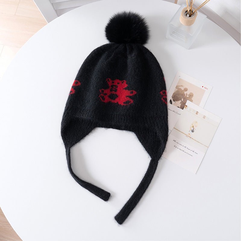 Kids Cashmere Knit Earflap Hat With Pom And Teddy Bear Cashmere Beanie