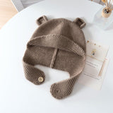 Kids Cashmere Knit Hat with Button Strap Bear Ear Cashmere Beanie