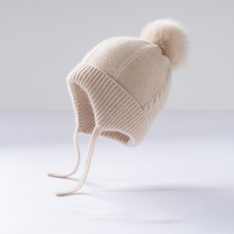 Kids Cashmere Knit Hat with Earflaps and Ties Pom - Pom Cashmere Beanie