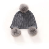 Kids Cute Cashmere Beanie with Real Fur Poms Knit Cashmere Hat