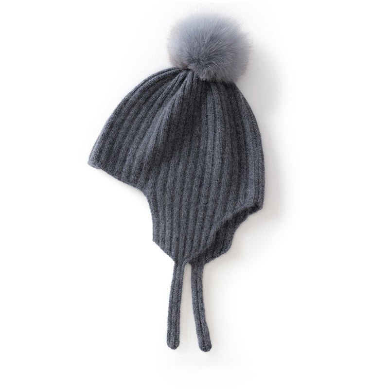 Kids Ribbed Cashmere Hat with Earflaps and Fluffy Pom Cashmere Knit Cap