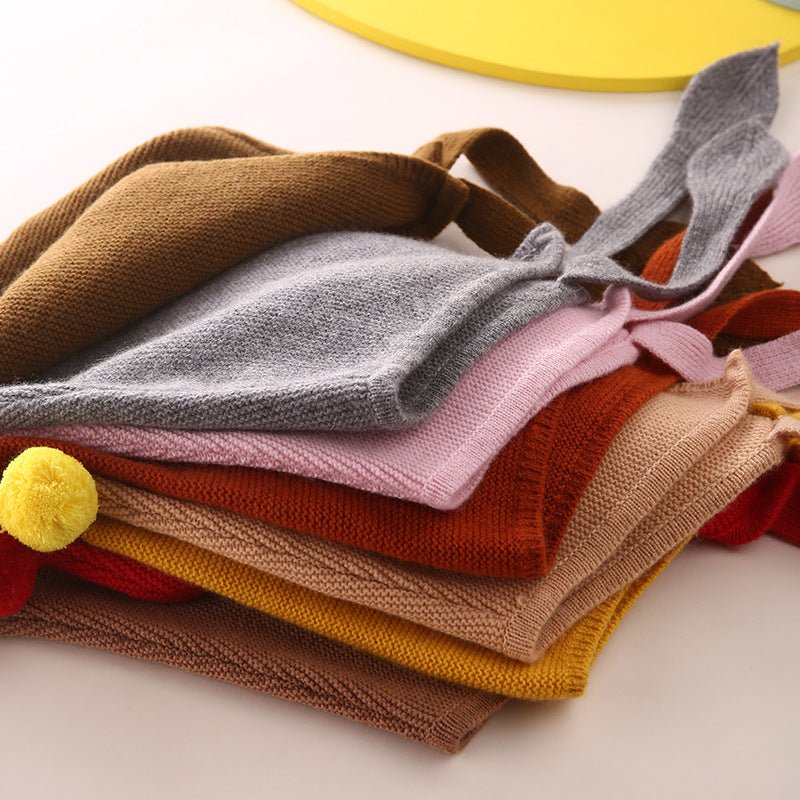 Kids Tie Cashmere Beanie Knit Elf Cashmere Hats with Pom Pom Red S