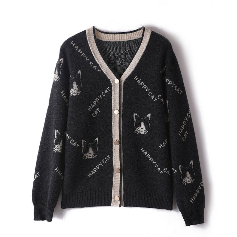 Lady Jacquard Knit Cashmere Cardigan Cat Pattern V Neck Cashmere Coat